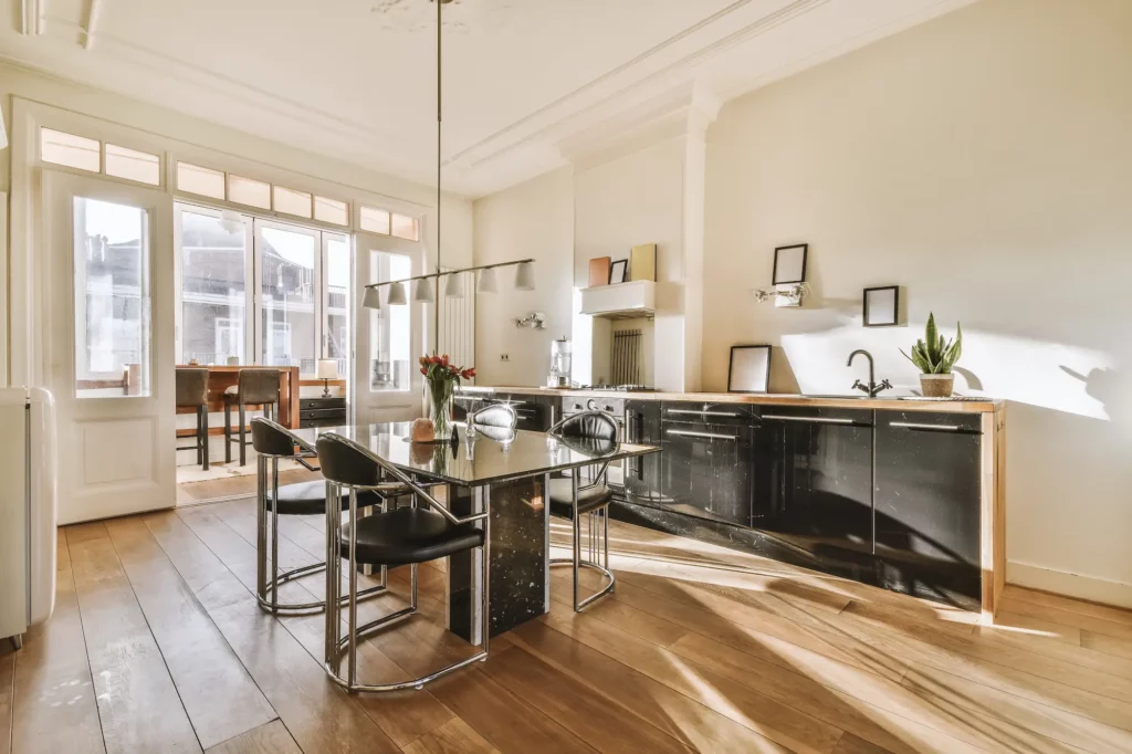 Modern kitchen interior with marble table setting 2026 03 18 10 56 45 utc